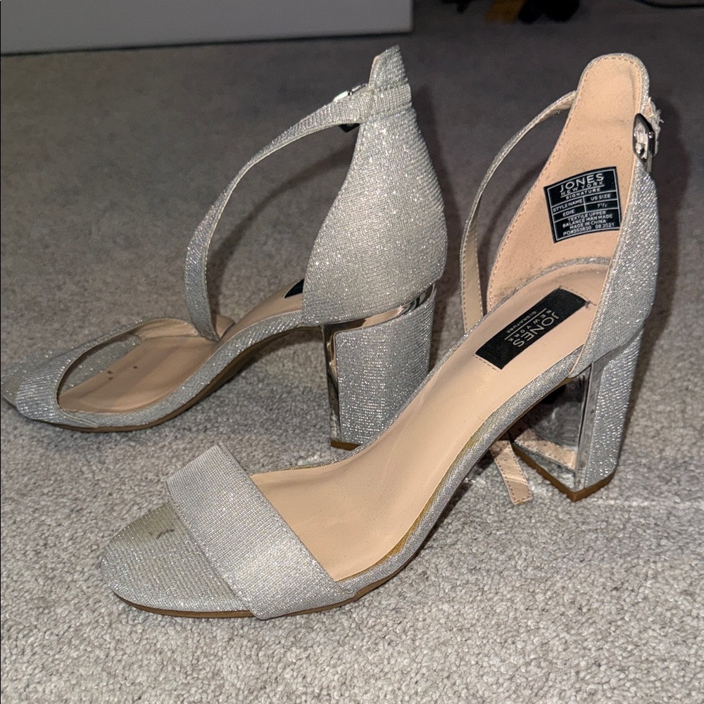 Jones New York Silver Glitter Block Heel Sandals with Ankle Strap